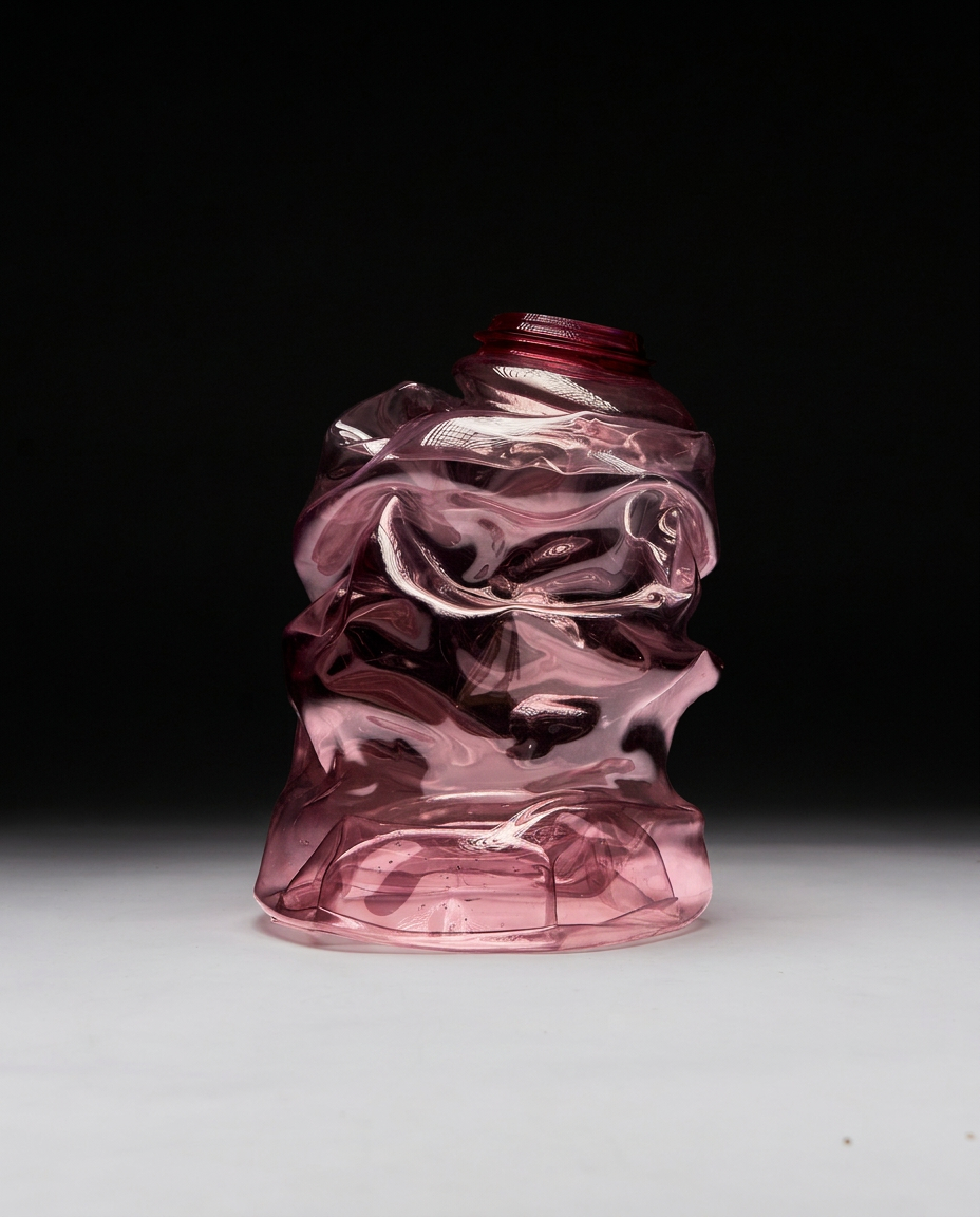Eros Torso HUE Pink sculptural vase by NIKO JUNE, handmade from translucent pink upcycled plastic with irregular organic folds.