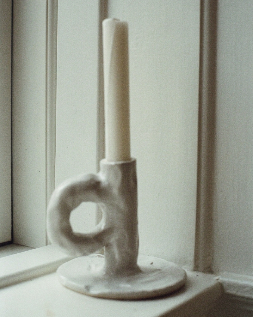 Studio Candlestick White by NIKO JUNE holding a tall white candle on a windowsill, showing its handmade stoneware texture and circular sculptural detail.