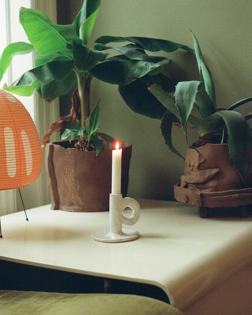 Studio Candlestick White by NIKO JUNE displayed on a table alongside plants and decorative objects in a softly lit interior.
