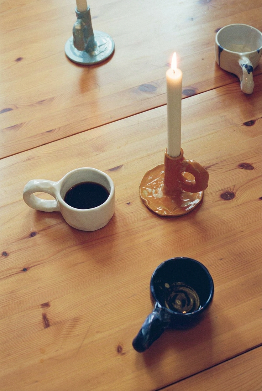 Studio Cup White and Dark Blue by NIKO JUNE arranged on a wooden table alongside ceramic candlesticks and lit candles.
