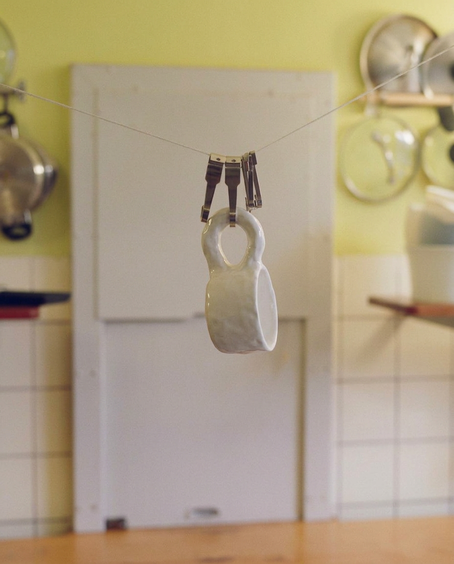 Studio Cup White by NIKO JUNE displayed on a rope in a kitchen against pale yellow tiles, alongside decorative objects.