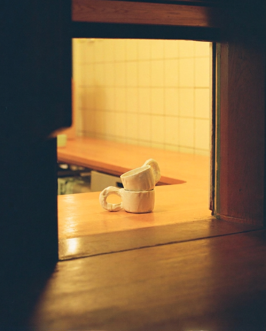 Studio Cup White by NIKO JUNE displayed in a warmly lit interior with yellow tiles and a wooden surface.