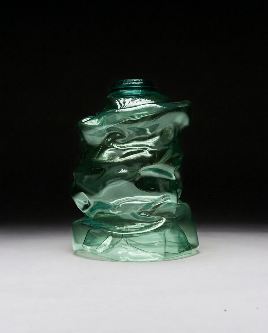 Eros Torso Hue Green sculptural vase by NIKO JUNE, handmade from translucent green upcycled plastic with irregular organic folds.