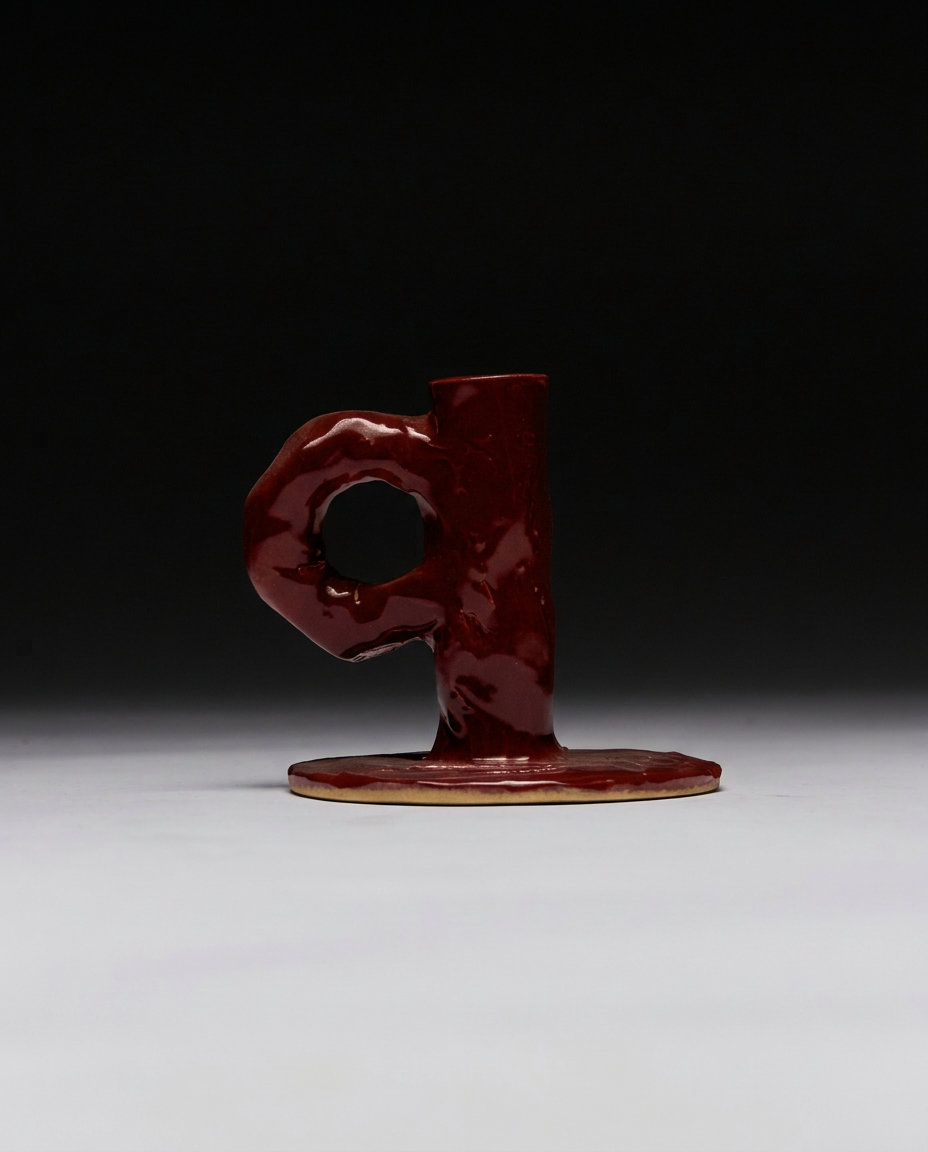 Studio Candlestick Burgundy by NIKO JUNE, a handmade stoneware ceramic candle holder with a sculptural circular detail and glossy burgundy glaze, made in Denmark.
